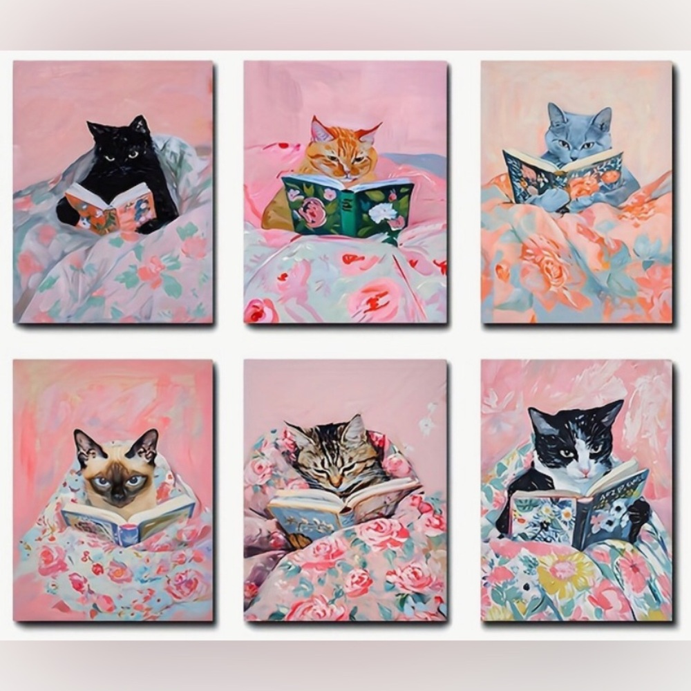 Set of 6 Cat Reading Book Canvas Posters Art Prints, Frameless (Lg) - Picture 2 of 15
